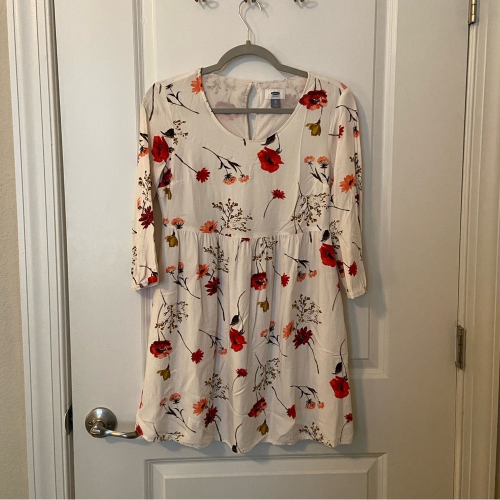 Old Navy Cream Floral Dress, Three Quarter Sleeve, Flowy Drop Waist